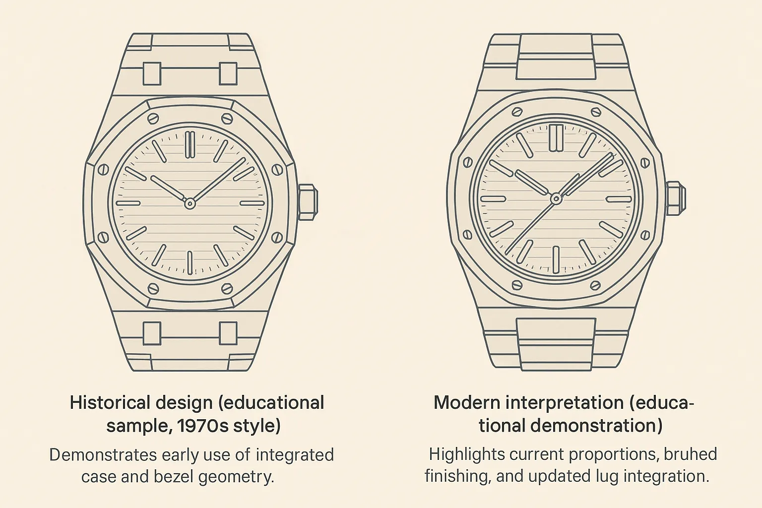 Side-by-side educational illustration showing historical and modern Royal Oak design features
