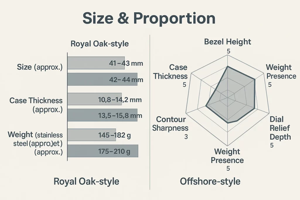 Size and proportion matrix illustrating common case diameters, thickness ranges and bezel height differences across AP-inspired models.