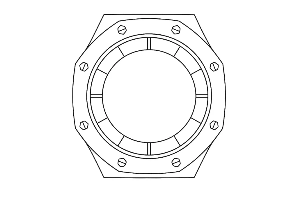 Diagram of the octagonal bezel and screw alignment used in Offshore-style case architecture
