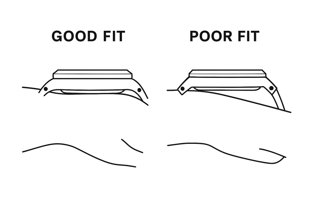 Illustration comparing downward-curved lugs vs straight lugs and their wrist contact differences