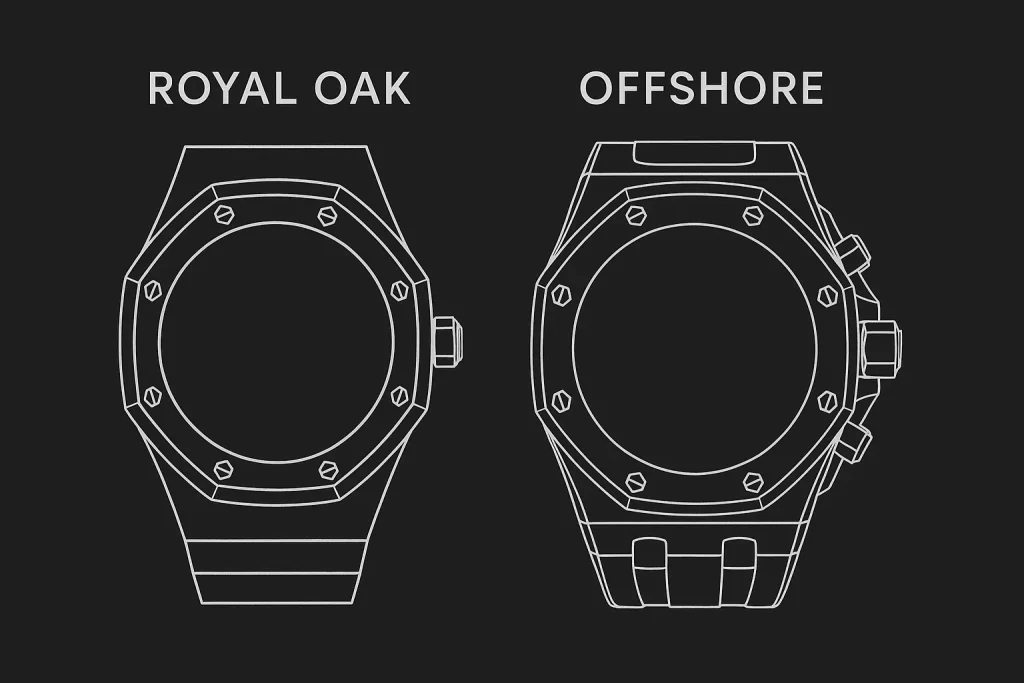 Side-by-side comparison of Royal Oak–style and Offshore–style designs showing differences in bezel height, thickness and case volume.